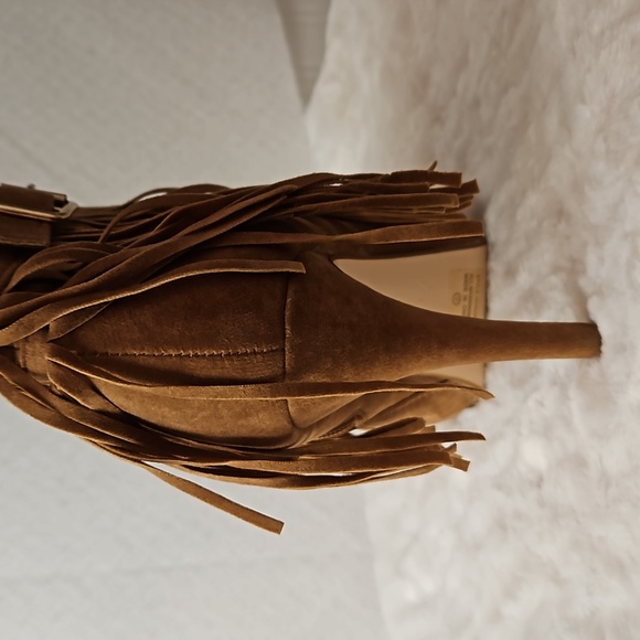 Women brown 4" ankle high heels booties boots with fringe. - Picture 2 of 6